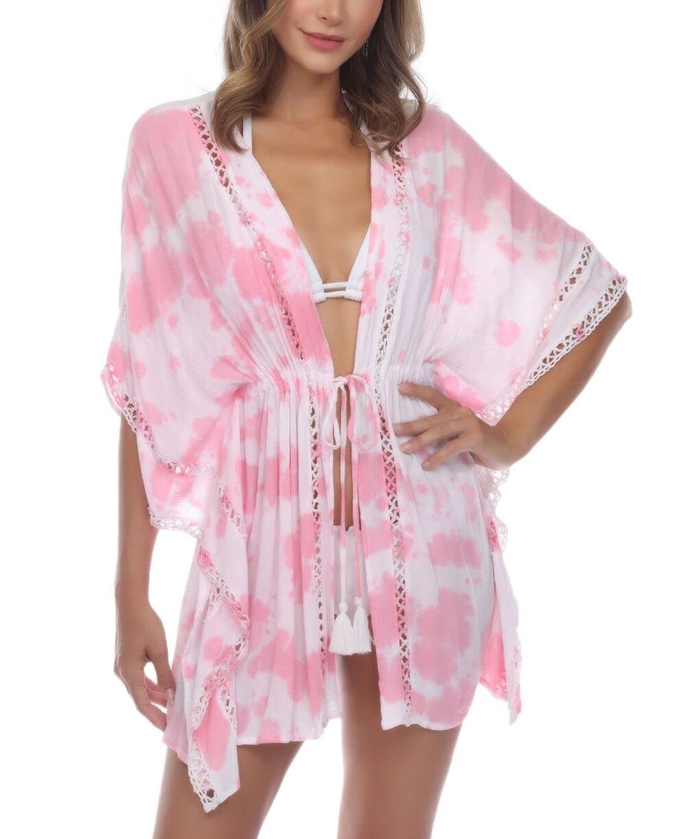 Raviya Women Tie-Dye Kimono Kimono Swim Cover-Up Pink Size L